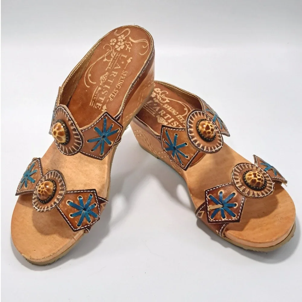 L'Artiste Spring Step Sesame Tan Leather Wedge Sandals Blue Embroidery Womens 36